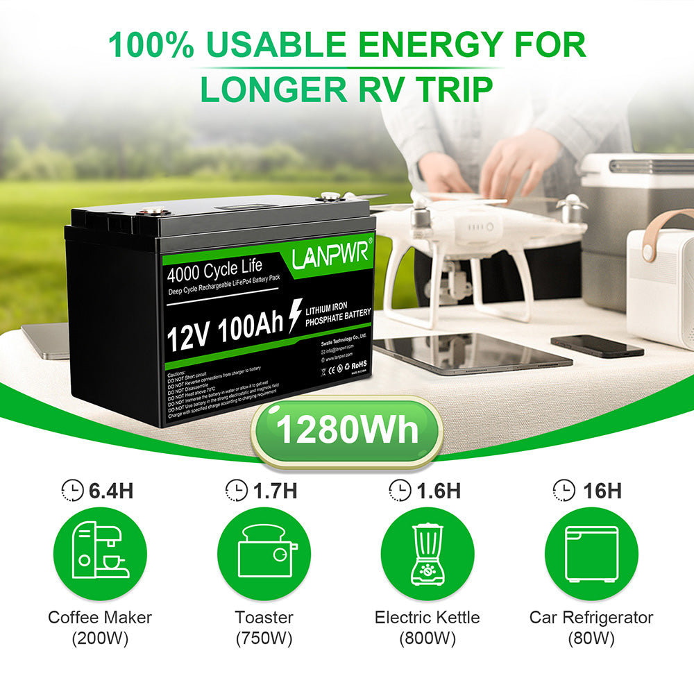 LANPWR 12V 100Ah LiFePO4 Battery, Built-in 100A BMS, 1280Wh Energy