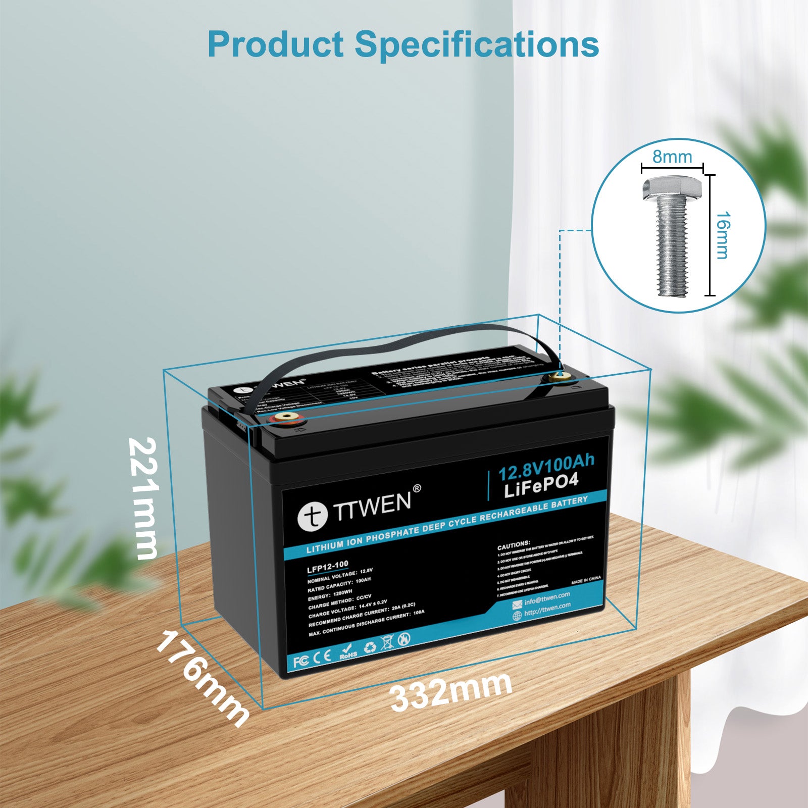 TTWEN 12.8V 100Ah LiFePO4 Lithium Deep Cycle Battery