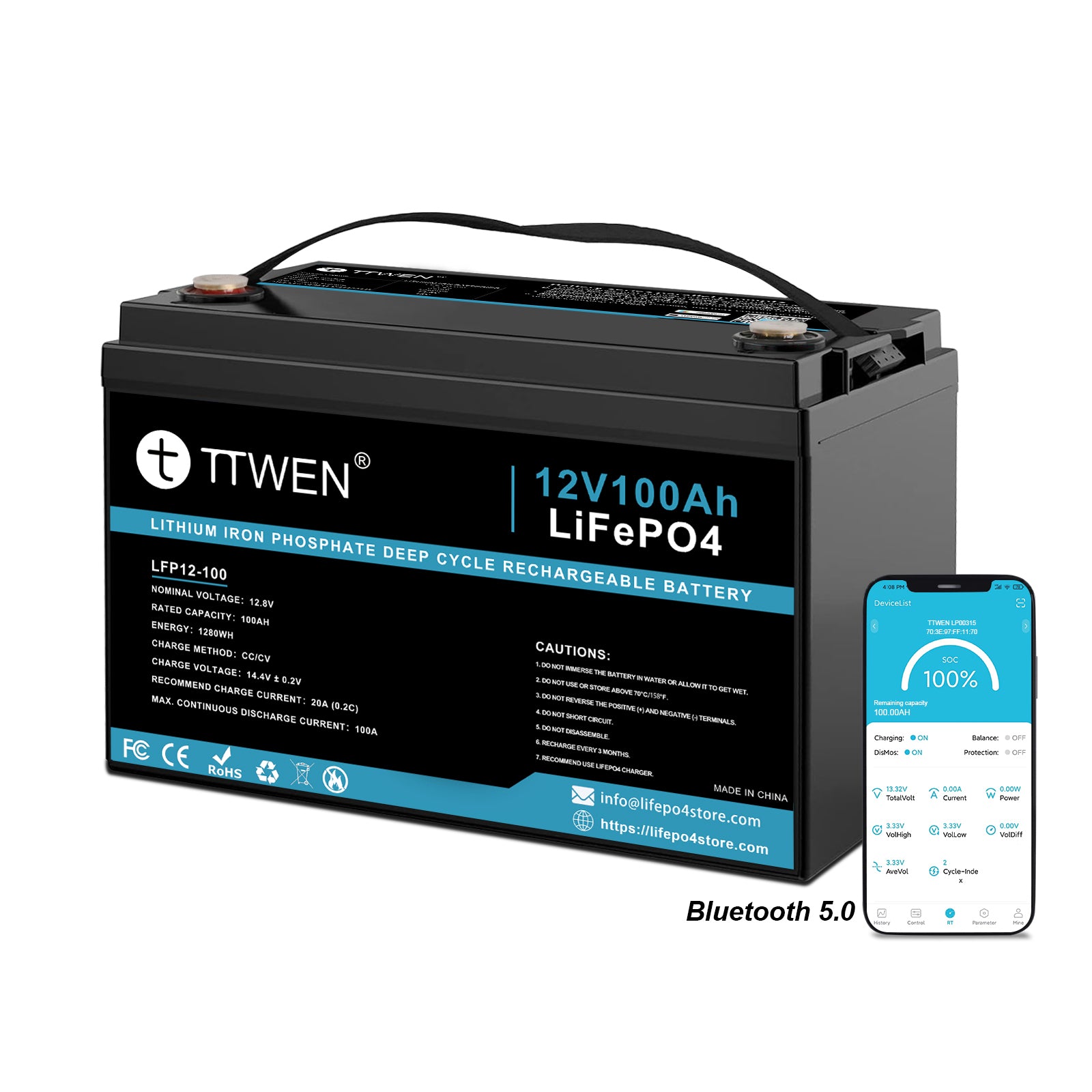 TTWEN 12.8V 100Ah LiFePO4 Battery with Bluetooth 5.0, 4000+ Deep Cycle Lithium Battery