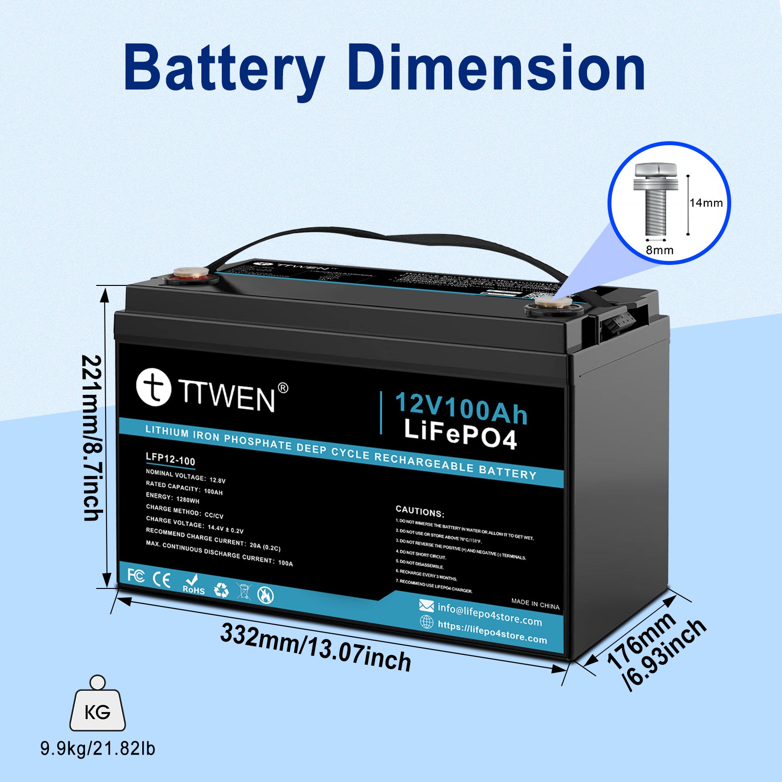 TTWEN 12.8V 100Ah LiFePO4 Battery with Bluetooth 5.0, 4000+ Deep Cycle Lithium Battery